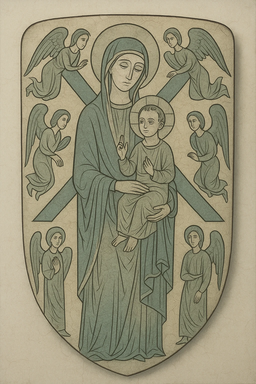 (img2img: strenght:=0.1) <ReferenceOnly-V3> inpaint religious theme onto the shield oil painting style flat image oil cracks countour
medieval shield art
 emoji