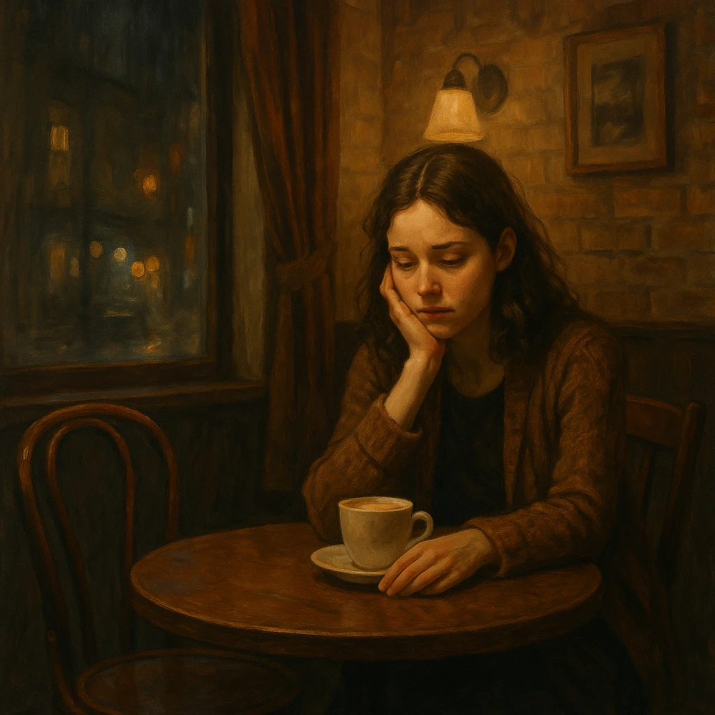a woman sitting at a table for two, one chair empty, staring at her untouched drink, looking disappointed and unable to find love emoji