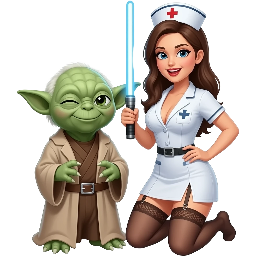 Yoda smiling with a wink, with a lady, nurse , top button open, a large light saberlarge breasts, garter belt, kneeling , mouth open emoji