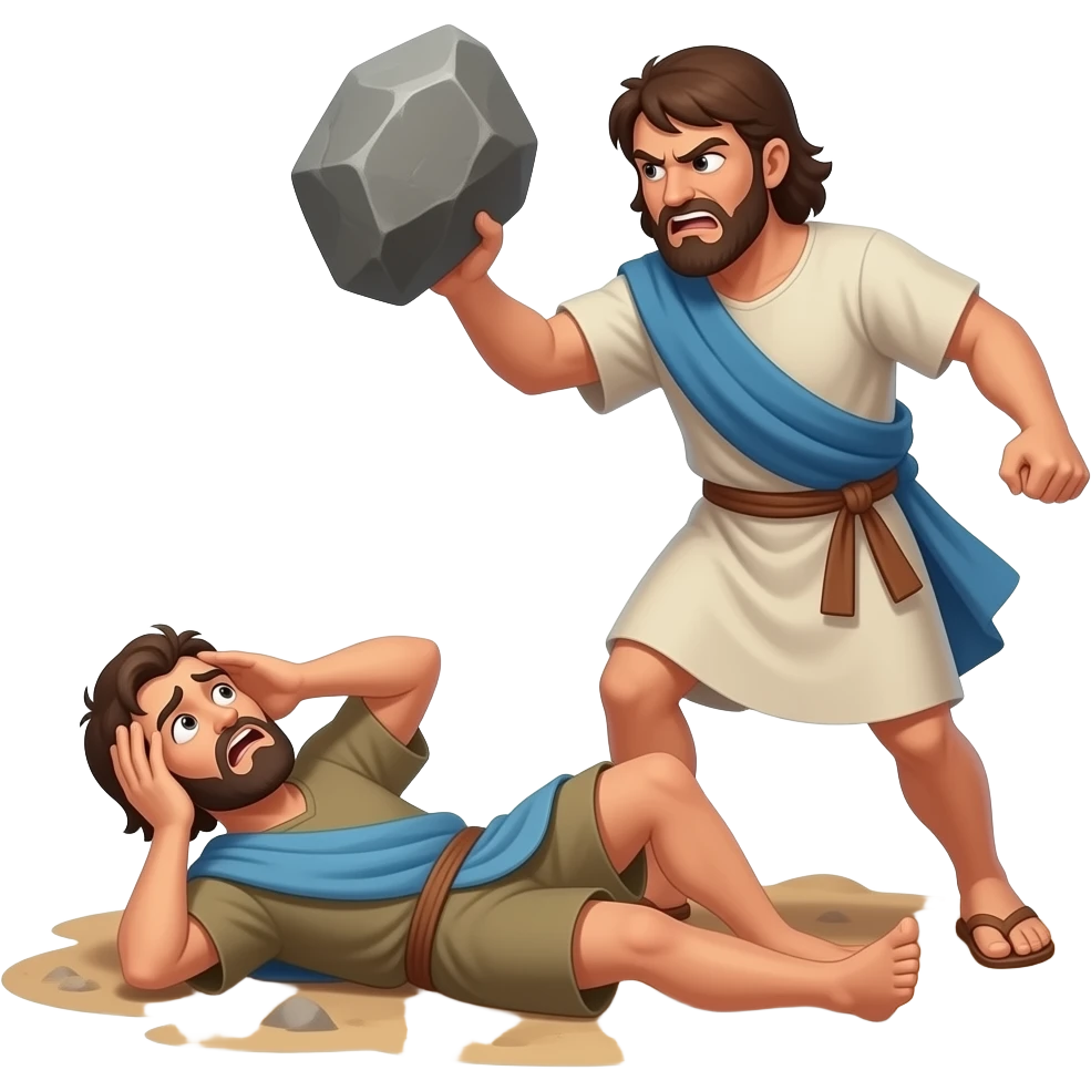 Two grown brothers dressed in biblical times fighting. One brother is scared on his back on the ground shielding himself from the blow his angry brother is about to give with a rock in his hand emoji