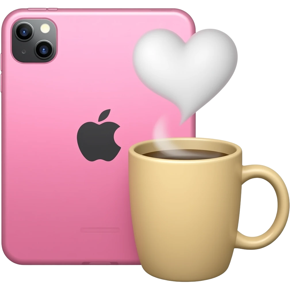 Pink  iPad  11 next to  a beige coffee cup and the steam from the hot coffee forms into a  love heart emoji