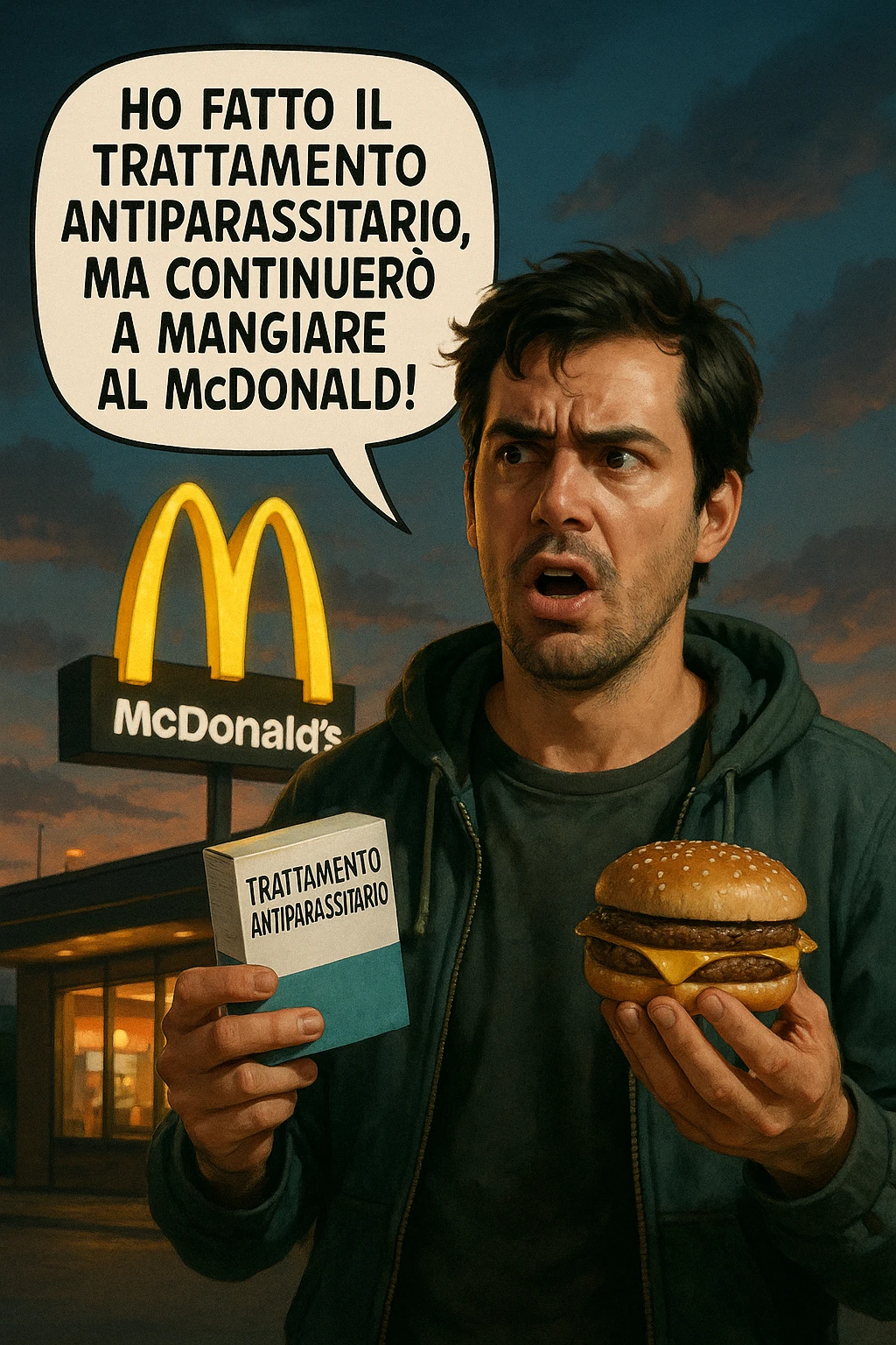 A realistic, cinematic illustration of a man in his early 30s with a confused yet stubborn expression, standing outside a McDonald's at dusk, holding a small box labeled 'Trattamento Antiparassitario' in one hand while holding a large McDonald's burger in the other. He is mid-sentence, saying 'Ho fatto il trattamento antiparassitario, ma continuerò a mangiare al McDonald!' in an expressive speech bubble. The man wears casual streetwear, and behind him, the McDonald's golden arches glow under a neon-lit sky. The mood is ironic and educational, highlighting the contradiction of doing parasite cleanses while continuing unhealthy fast-food habits. The style is realistic with slight illustrative clarity, emphasizing the message humorously while maintaining a serious undertone about lifestyle choices and health in italiano emoji