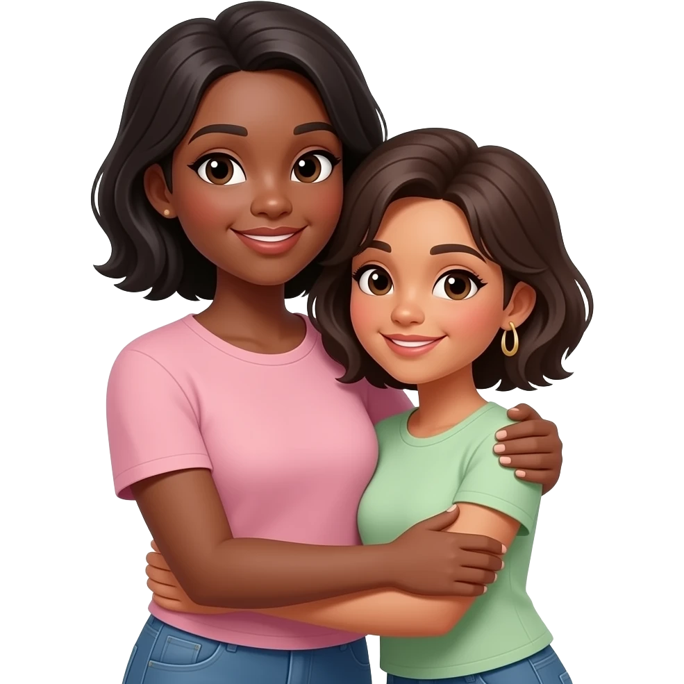 Dos mujeres  morenitas, una grande y una pequeña abrazandose, versión iphone emoji