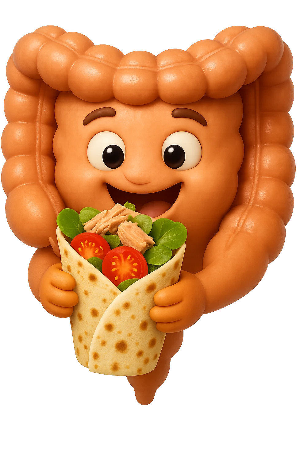 EMOJI STILE IPHONE DI un intestino che mangia una piadina con tonno, valeriana e pomodorini, iperrealistica 4k emoji