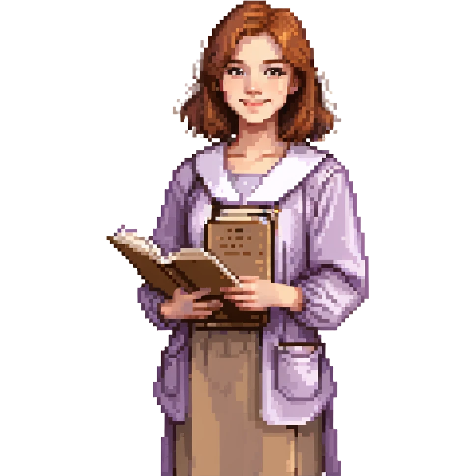 Calm female artist, Caucasian features, shoulder-length auburn hair, soft brown eyes, gentle smile, wearing a violet smock over a light beige top, holding a sketchbook close to chest, waist-up, front-facing emoji