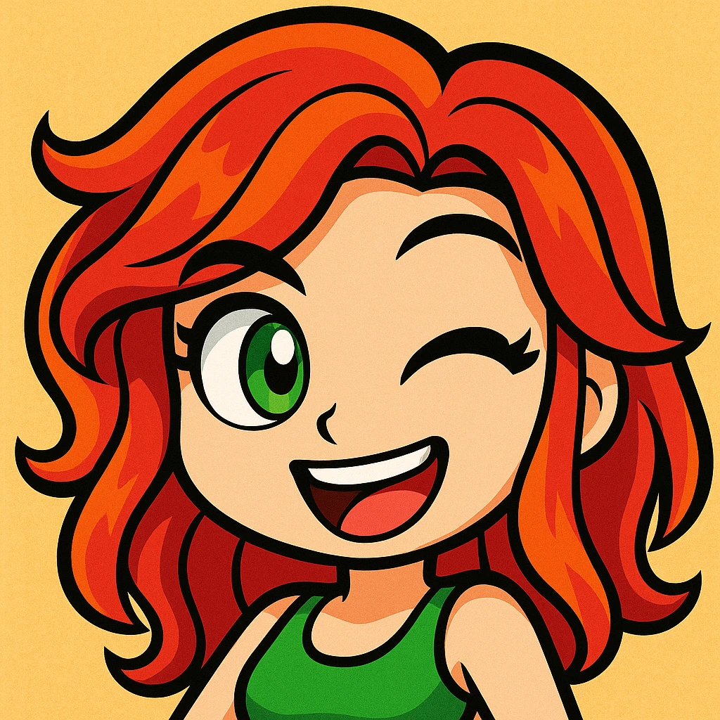 Extract the girl's face from the group image and give her a happy, winking expression, maintaining the original cartoon style and quality. emoji