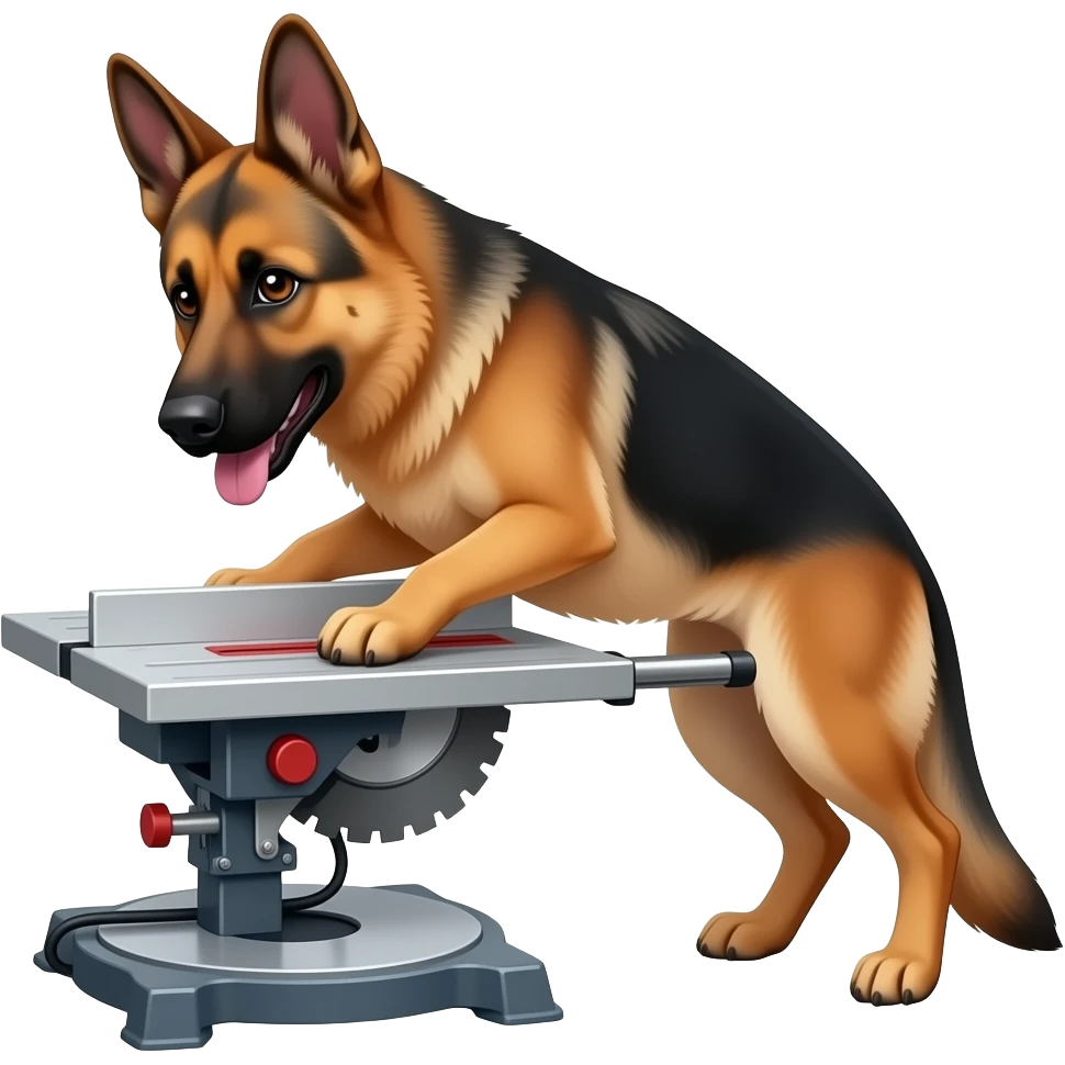 A German shepherd working on a table saw emoji
