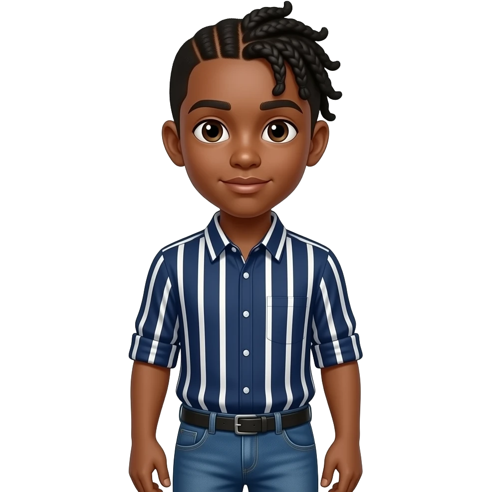 African American teenage boy with half his hair braided in cornrows and the other half sticking up wearing a navy blue button up shirt with white vertical stripes wearing denim jeans emoji