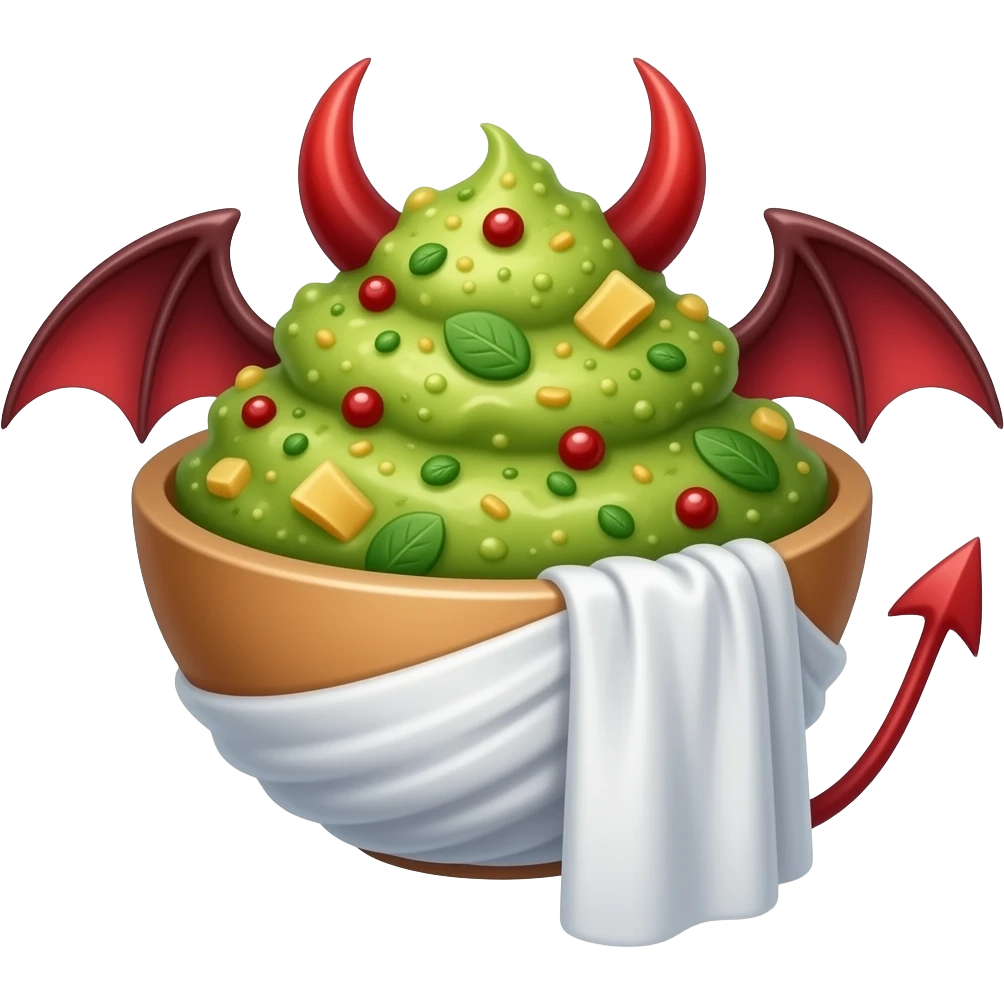 Guacomole bowl with toga and devil horns and devil wings emoji
