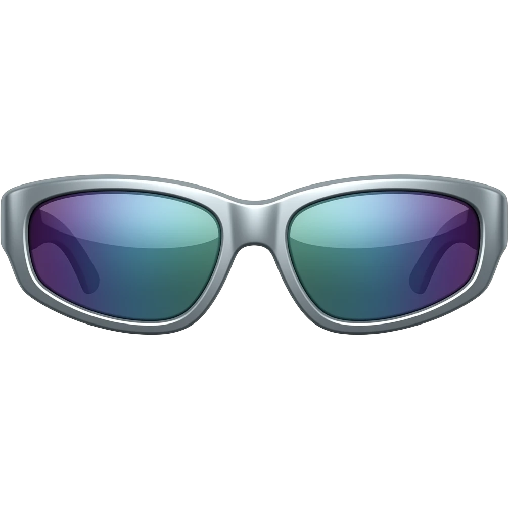futuristic wraparound sunglasses, silver metallic frame, narrow lenses, sharp angular shape, reflective lenses, Y2K aesthetic, glossy, clean background, product photography emoji