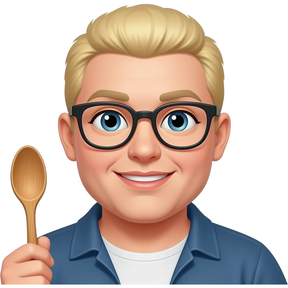 blonde  overweight woman, glasses, wooden spoon, buzz cut emoji