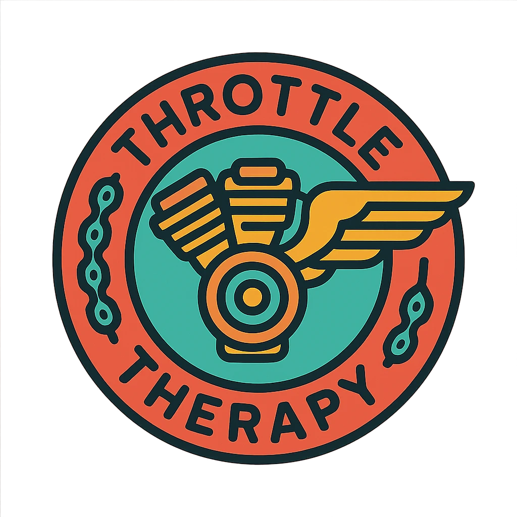 circular motorcycle cap design with the English phrase 'Throttle Therapy', featuring motorcycle motifs like motor, chain, wing, liberating style emoji