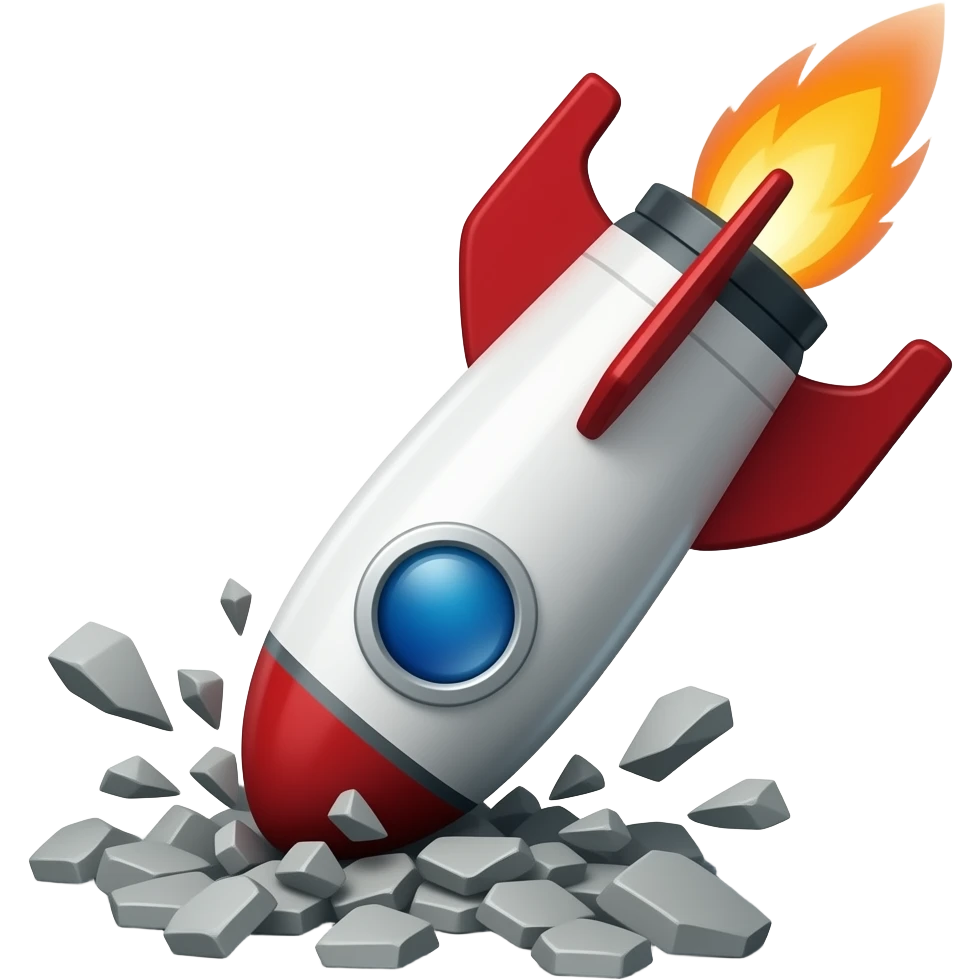 the emoji rocket crashed into the ground, nose first, upside down emoji