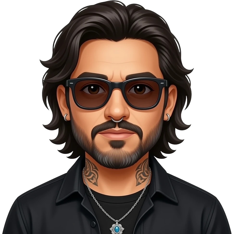 The handsome manly Latino podcast host with medium length hair, a long slightly graying beard and tattoos with his ears pierced 1 time each ear and a nose ring on the right side, dark brown eyes, wearing black, super dark sunglasses, jewelry, losing everything emoji