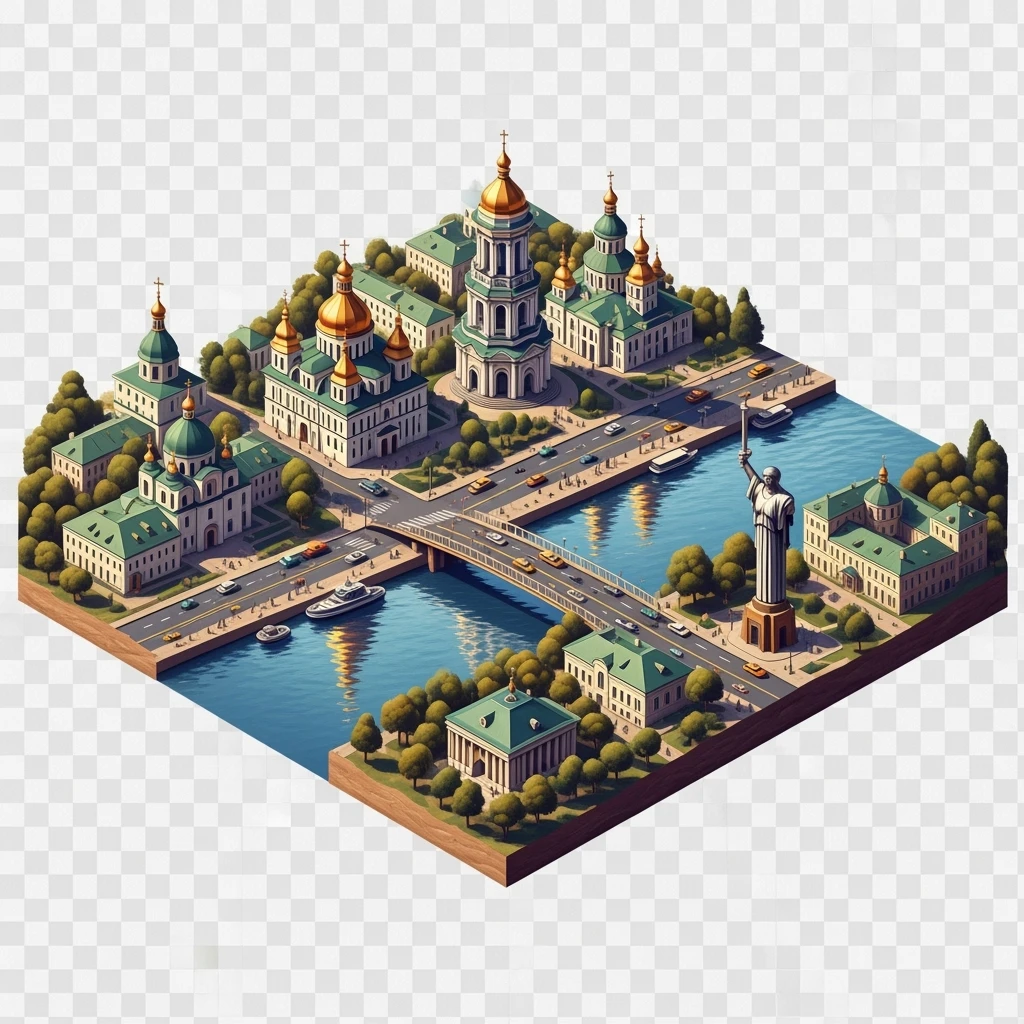 Isometric illustration of photorealistic Kyiv, balanced between paint stylized and realistic, 3D miniature effect, transparent background. emoji