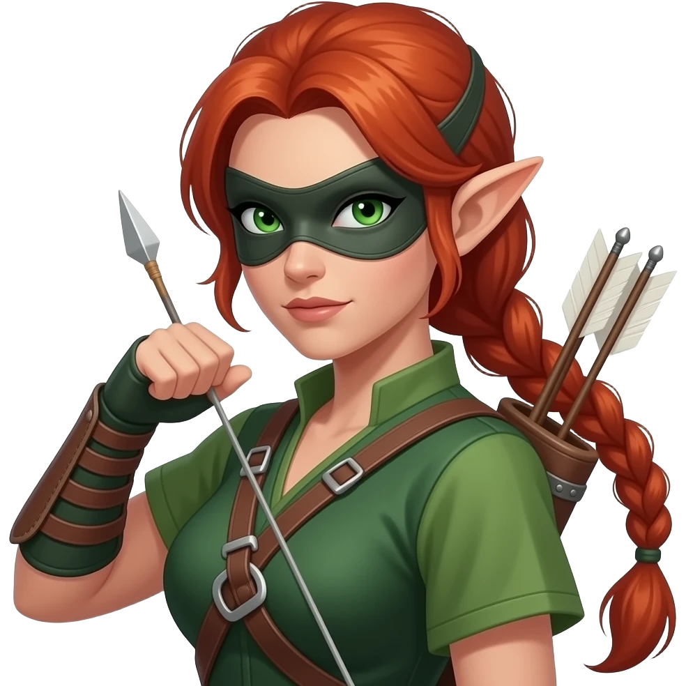 femme adulte rousse aux yeux verts, tresse haute jusque dans le dos, ressemble à une elfe, archère avec un carquois et un arc, voleuse avec un masque sombre qui cache ses yeux, tenue verte, air déterminé emoji