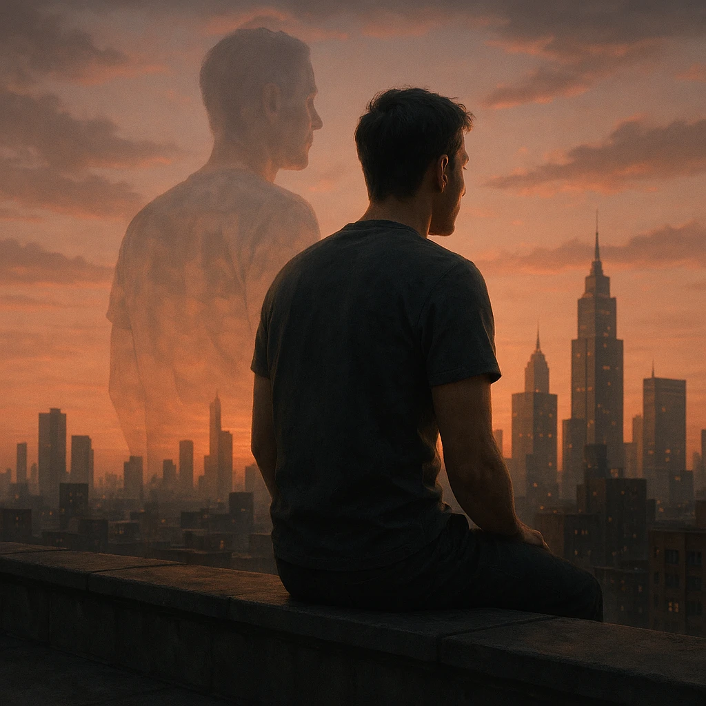 A man sitting on a rooftop at sunset, gazing at the city, with a ghostly double exposure of a different version of himself in the background, representing a 'what if' shaped by a life-changing diagnosis. Cinematic, emotional realism, symbolic duality, soft lighting, hyperrealistic 4K. emoji