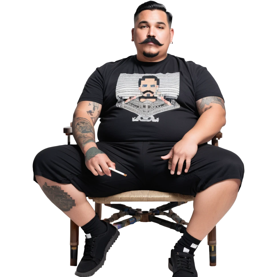 Large man reclining in chair, legs spread, smoking a cigarette, round face, very short black hair, beard and mustache, light skin, black t-shirt with light stripes at top riding up to show belly, black shorts, arms covered in black graphic tattoo patterns emoji