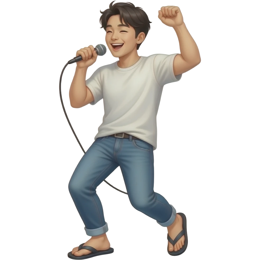 a young Korean man dressed casually, wearing slippers, dances and sings cheerfully emoji