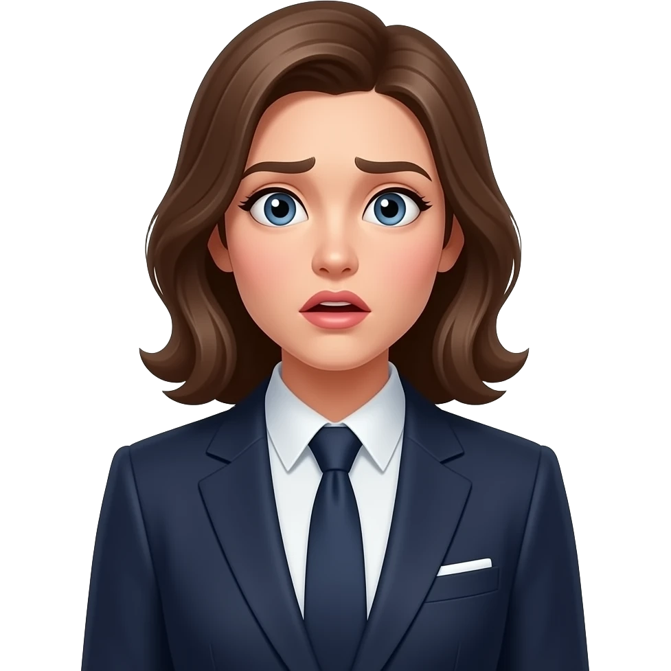confused, surprised  woman in elegant suit, only head and torso, apple style emoji