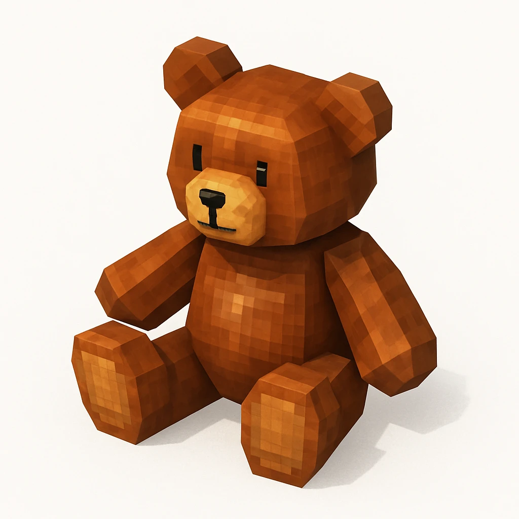 cute 3D teddy bear with shiny brown surface, sitting pose, rounded and minimal features, smooth glossy texture, soft highlights, isometric top-side angle, clean white background, friendly cartoon icon style emoji