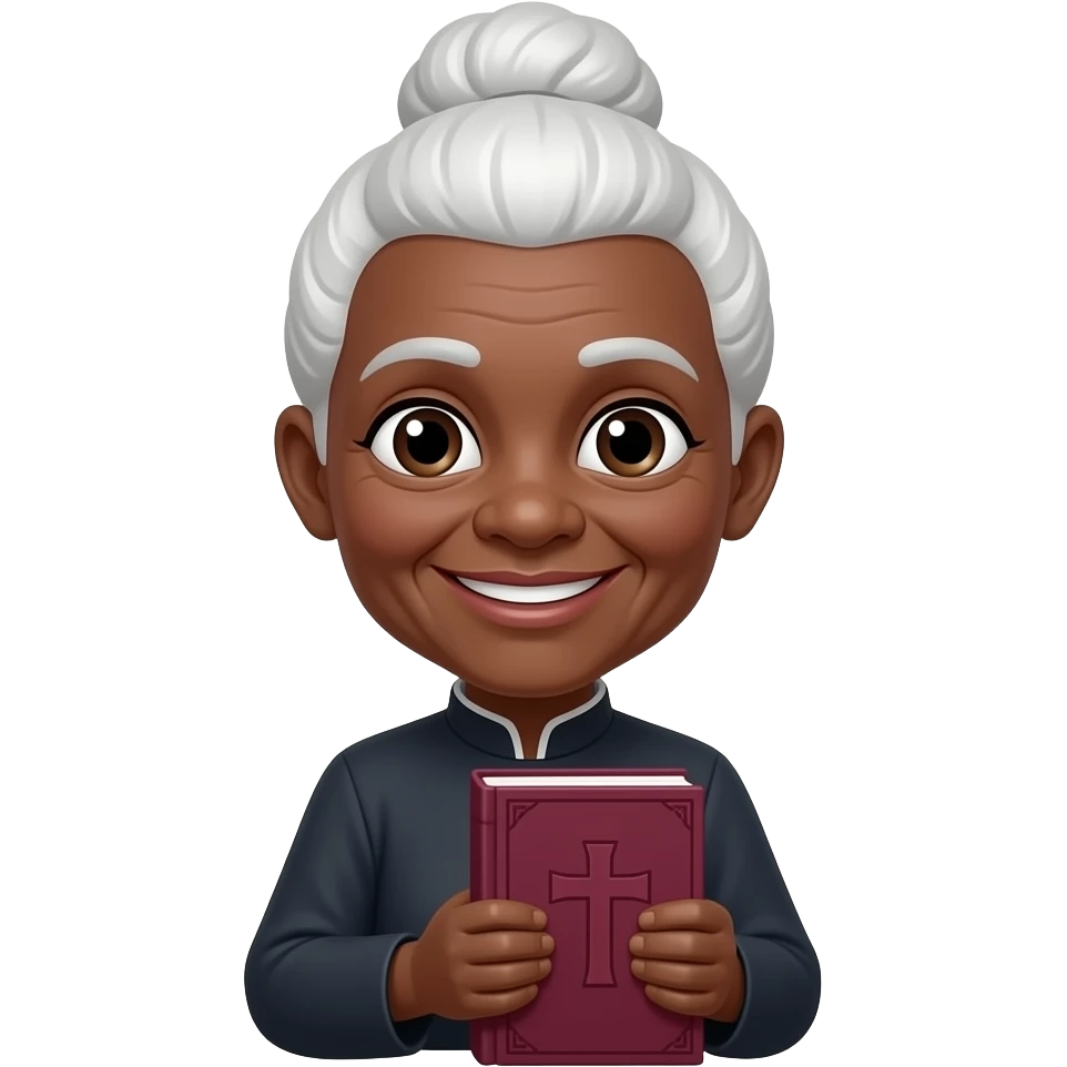 wise old woman with white hair in a bun black skin warm with burgundy book that has a cross on it emoji