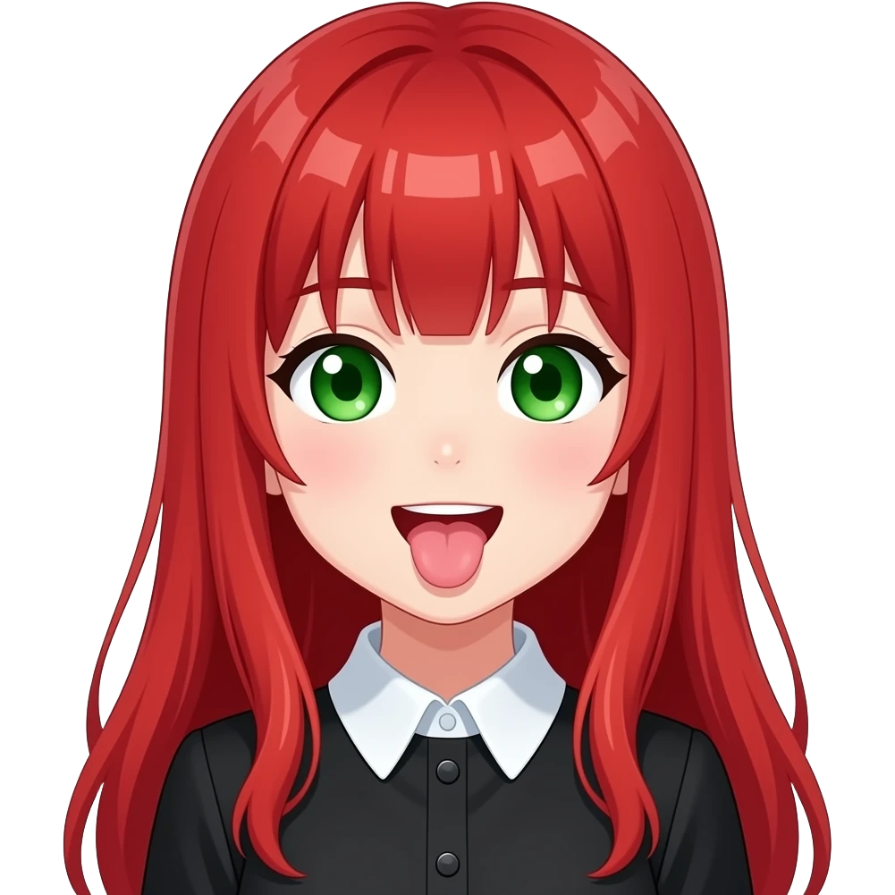 anime girl tongue out silly long red hair green eyes black blouse with white collar emoji