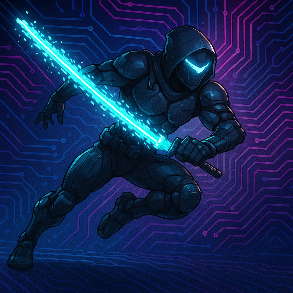 Add a glowing digital sword to the cyber ninja, keeping the original style and background intact. The style is cyber ninja with a digital, futuristic look, so the sword should have a glowing, high-tech digital effect that fits seamlessly with the cyber ninja theme. emoji