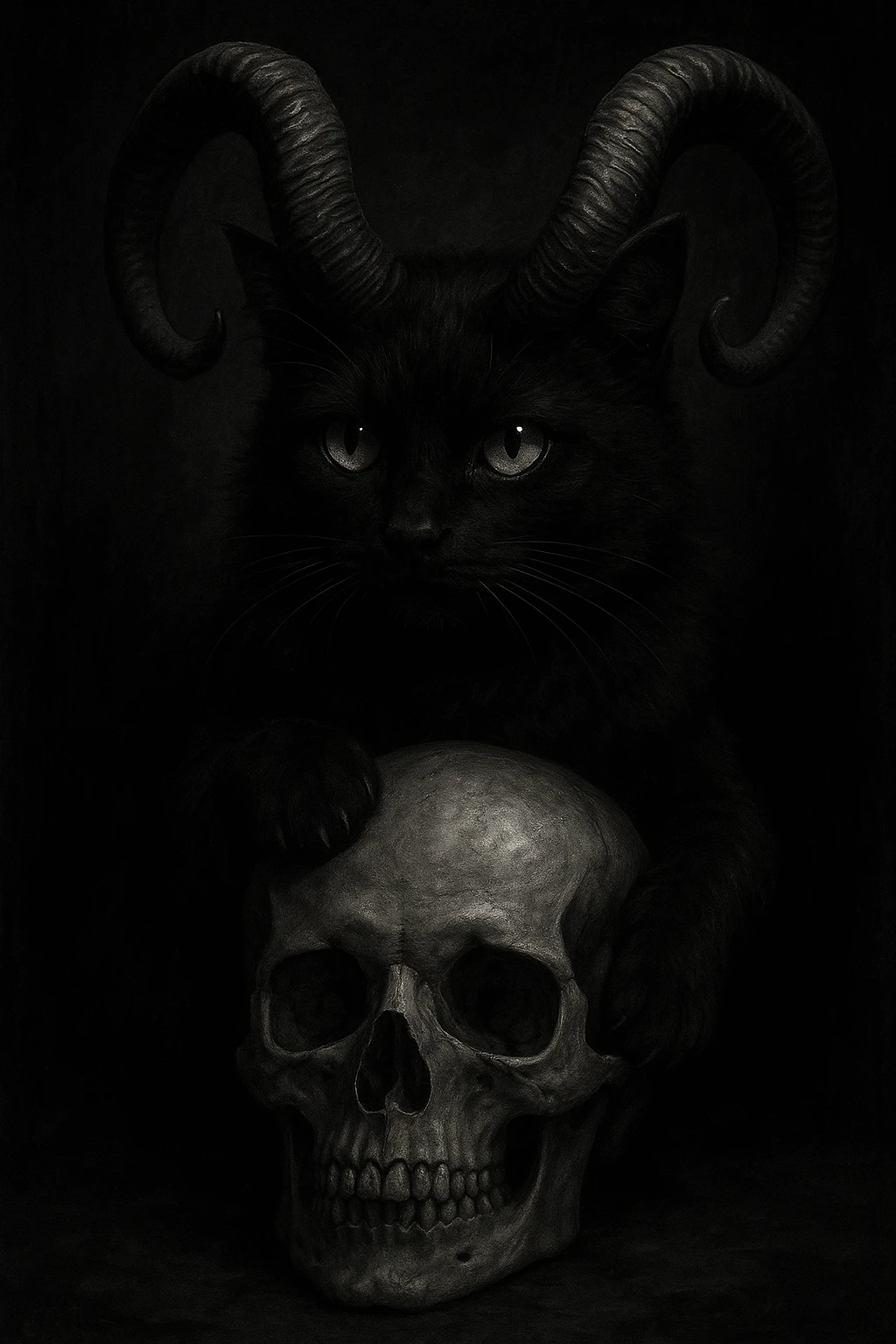 A black cat with oversized demon horns, curled around a human skull, moody and dramatic, dark and gothic atmosphere emoji