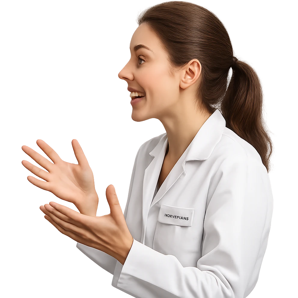 3D render of a female nutritionist wearing a white lab coat, side view, passionately discussing, hand gestures, bright expression, isolated white background, hyperrealistic 4K details emoji