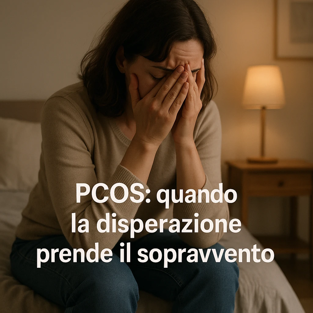 adult woman sitting on bed, head in hands, desperate expression, soft lighting, home environment, Italian text: 'PCOS: quando la disperazione prende il sopravvento', 4K quality emoji