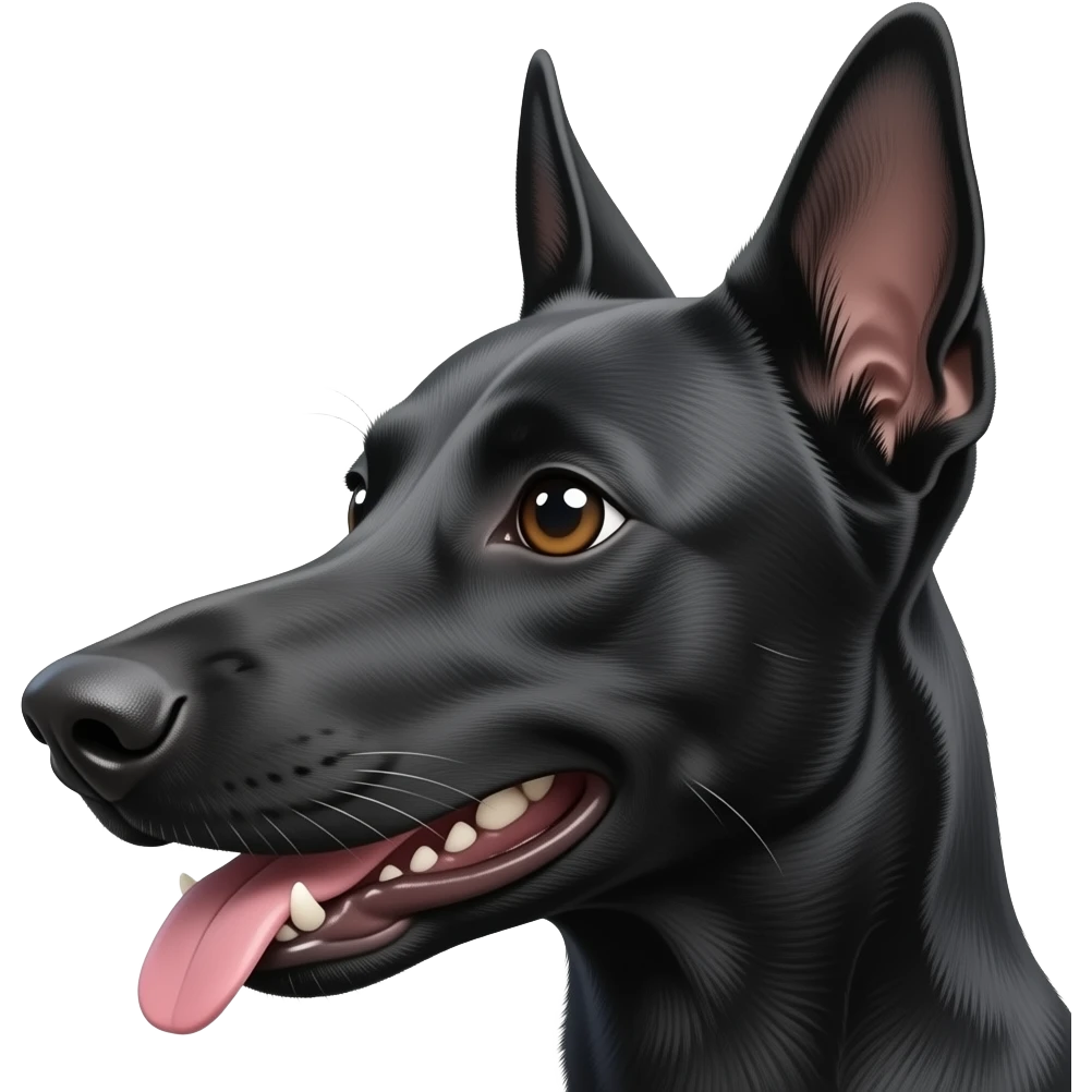 Créer un emoji visage de chien noir, il a de grande oreille noires, droites et pointues. Son museau est long et fin.  Le poil est court et fin emoji