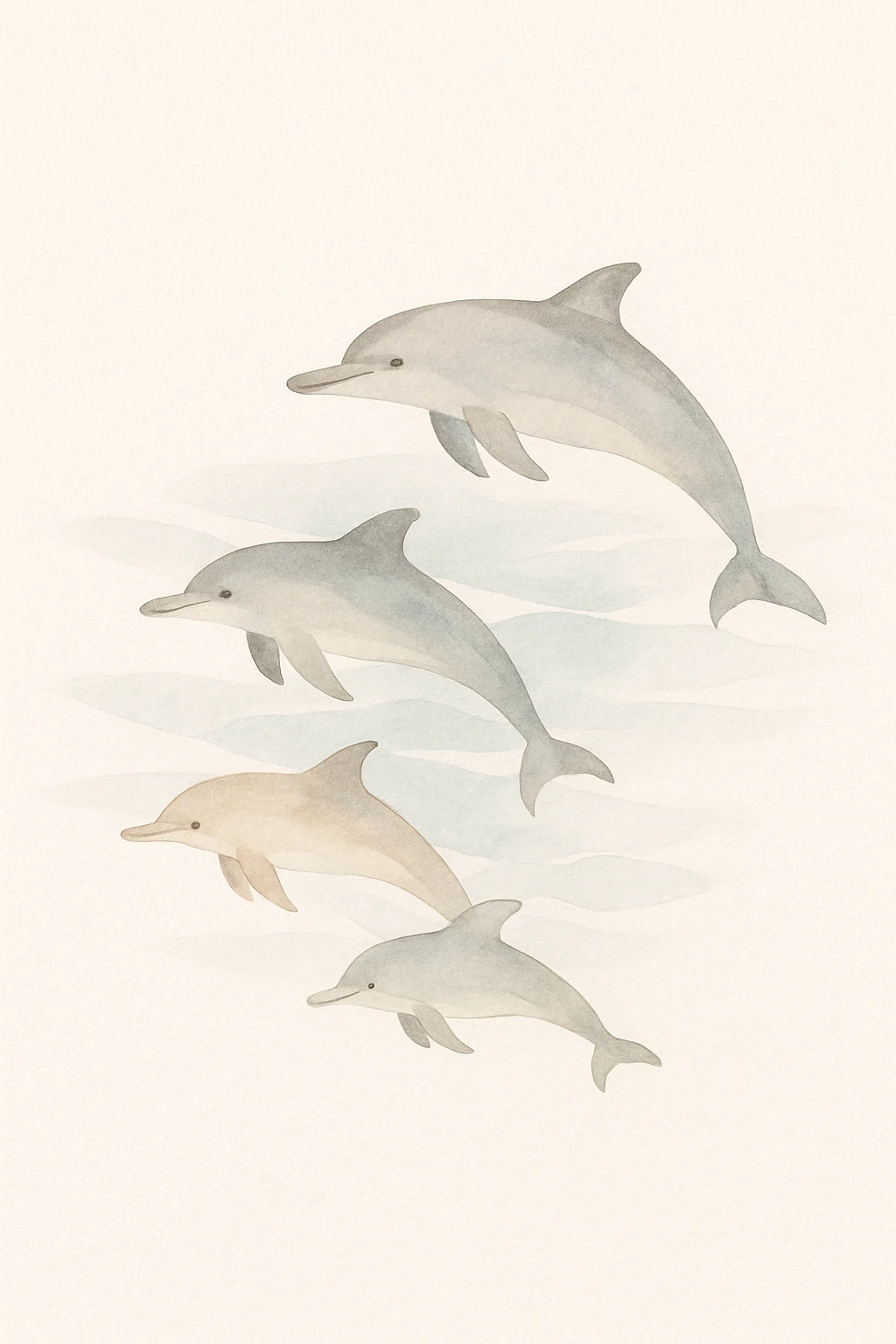 dreamy watercolor painting of dolphins swimming together in the ocean, with a sense of movement and harmony emoji