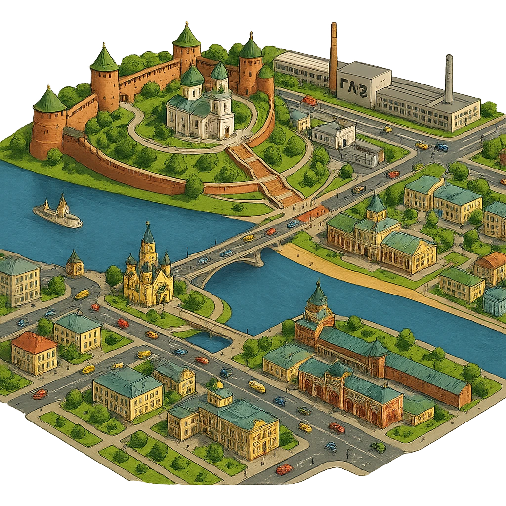 Изометричная миниатюрная фотореалистичная 3D модель панорамы Нижнего Новгорода - Нижегородский Кремль, Стрелка между Окой и Волгой, ГАЗ, Чкаловская лестница, Борский Мост через Волгу, Нижегородская ярмарка, нижегородские дома, автотранспорт четкие линии, яркие цвета, мультяшный реализм, люди, автотранспорт, компактная композиция, вид сверху в изометрии, прозрачный фон emoji