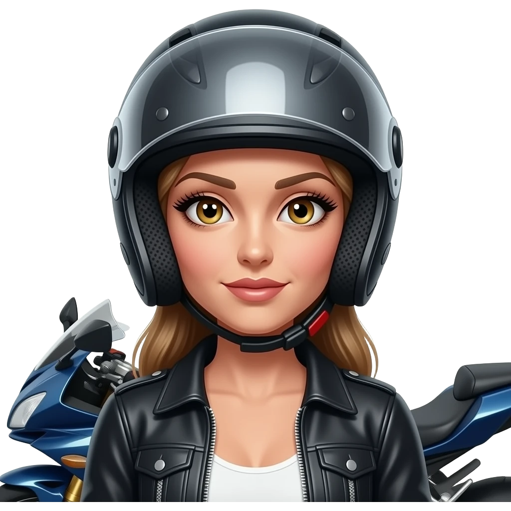 mulher com um capacete de mota que so aparece os seus olhos porem aberto e que se veja os cílios bem grandes e a mota ao lado da mulher e a mesma com roupa de motoqueira com os olhos mais relaxados emoji