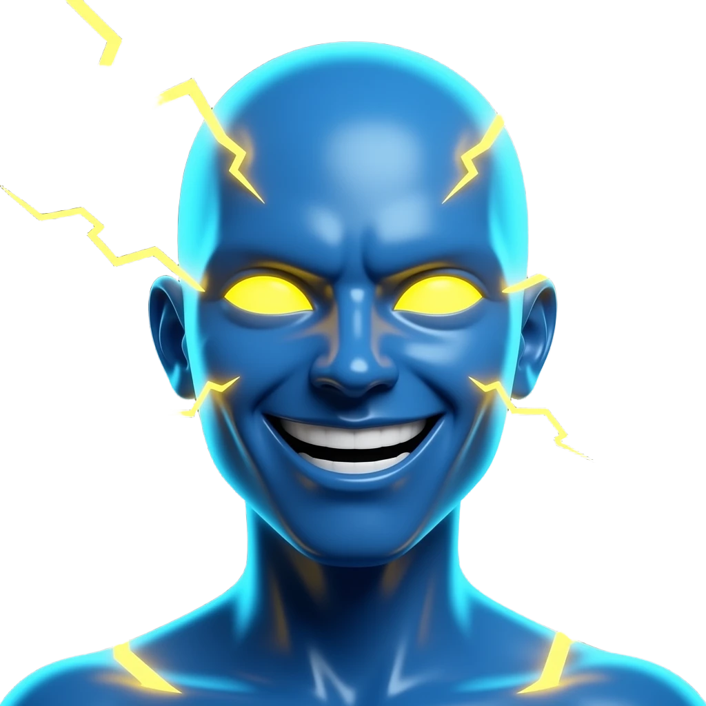 An intense emoji non human with glowing eyes, lightning bursting around it, wide confident grin, high energy expression, vibrant neon blue and yellow colors, smooth 3D emoji style, glossy texture, dynamic lighting, dark background, ultra detailed emoji