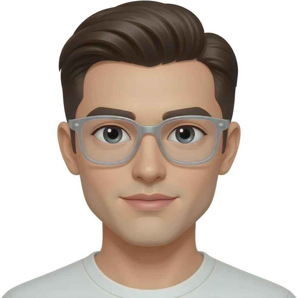 Nerdy with silver transparent glasses handsome man with slicked back hair left side parting, fair skin and pinkish lips emoji