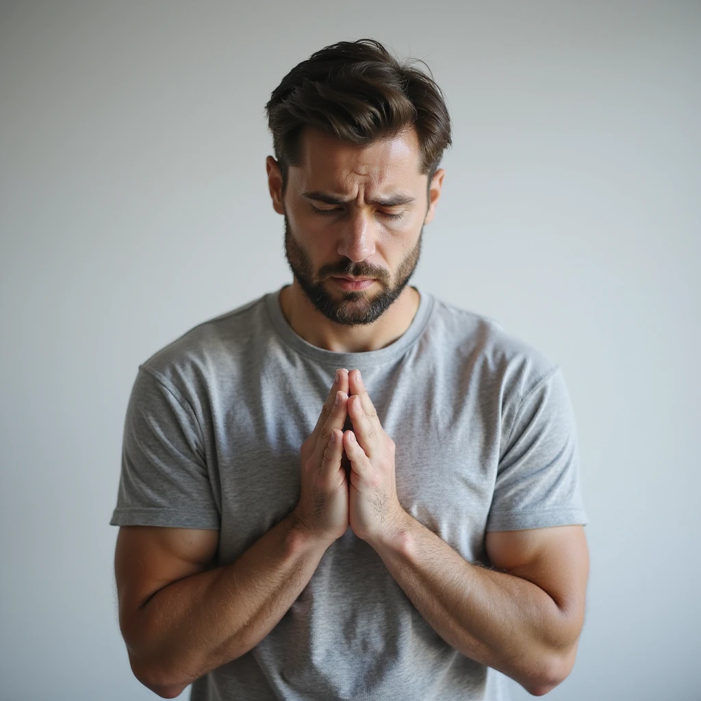 realistic 30-year-old man suffering from anxiety, hands nervously clasped, anxious expression, light background emoji