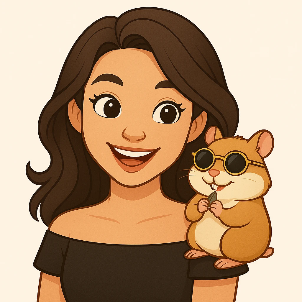 Change the hamster's sunglasses to heart-shaped sunglasses. Keep the playful, adorable vibe and the fun, carefree moment between the woman and her hamster. Maintain the modern, clean, warm style. emoji