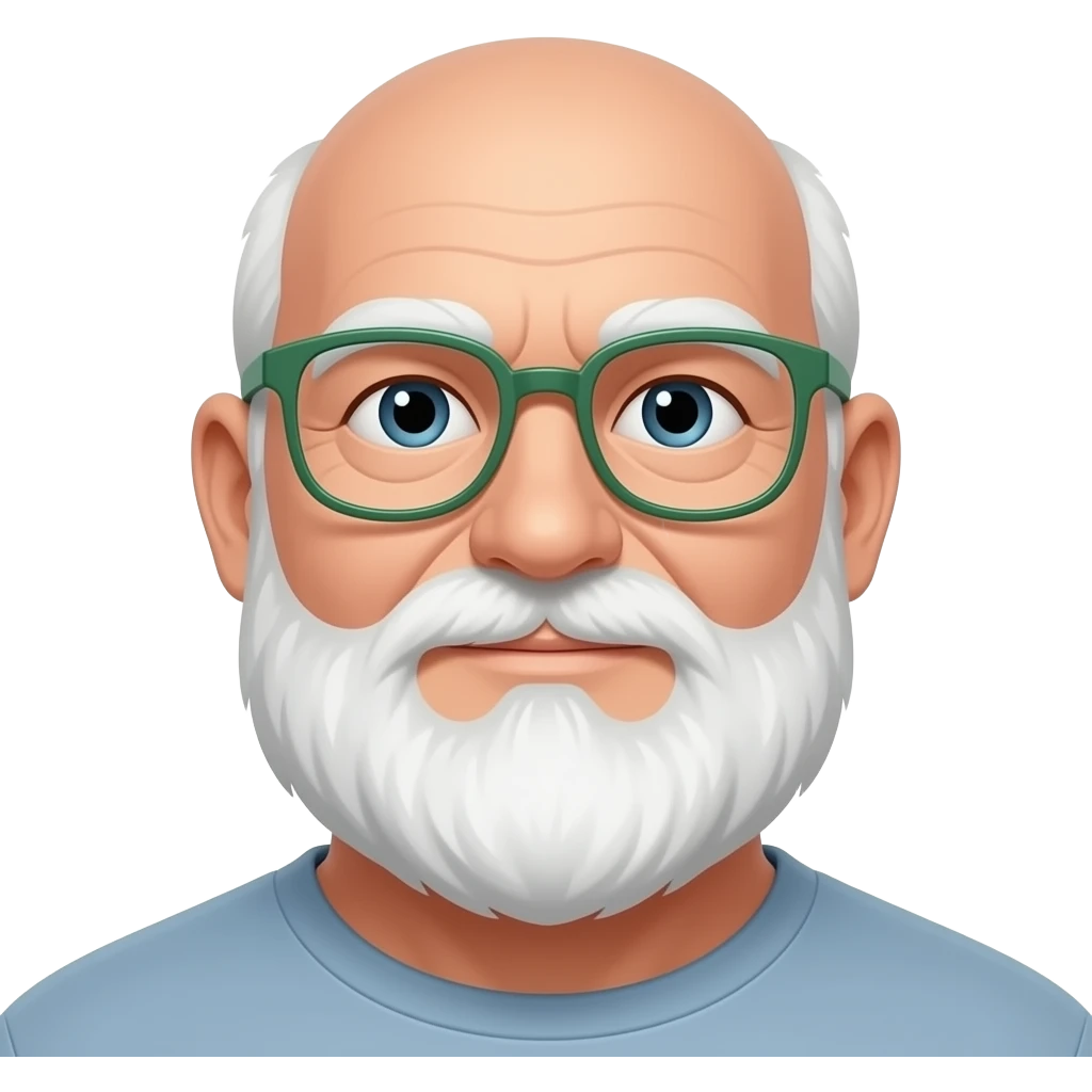 75 year old, white, bald, 300 pound, man with a full white beard from bottom of ear lobe and thin framed glasses with green side arms emoji
