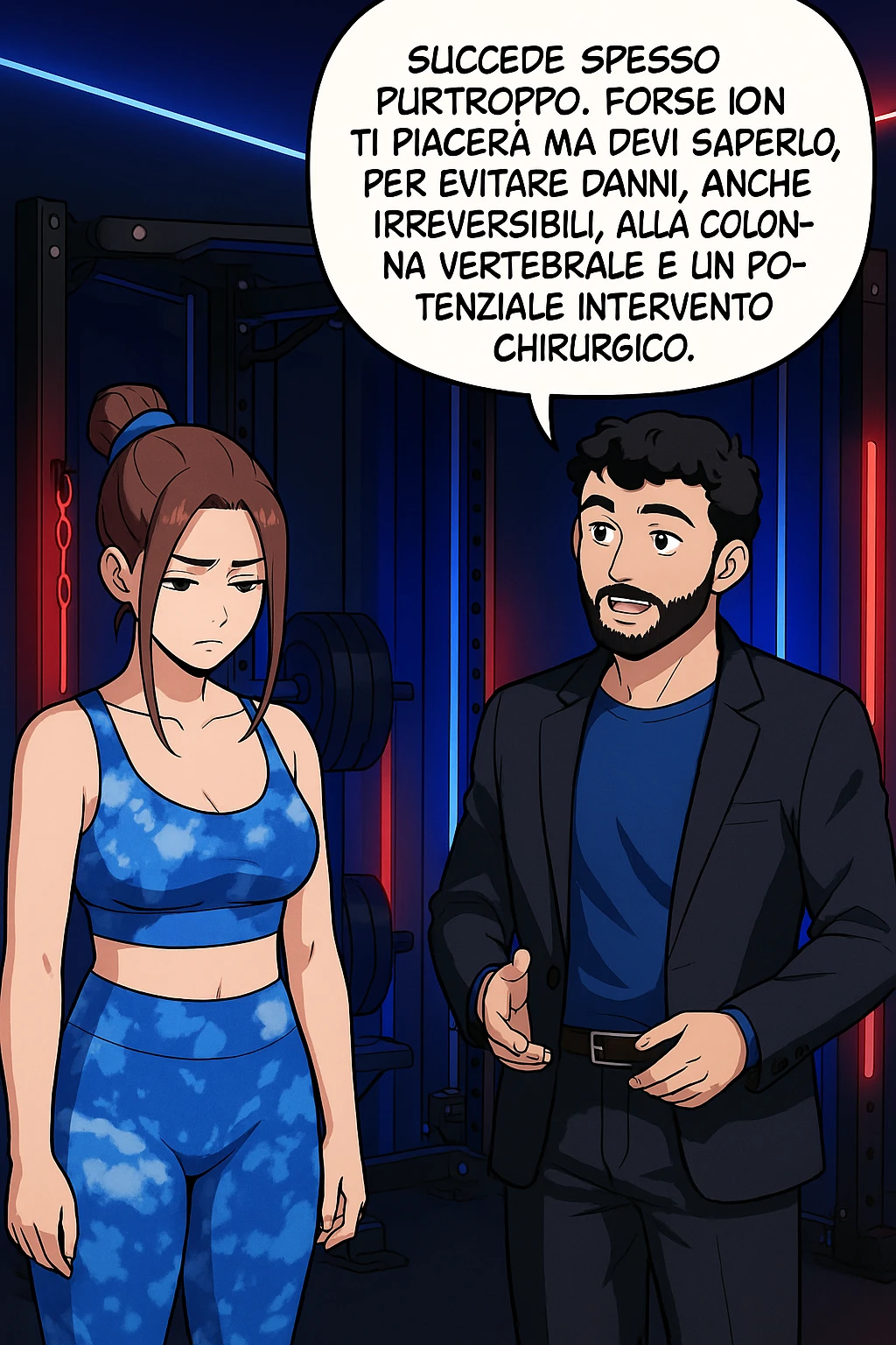 fai questa immagine in versione fumetto/manga/webtoon a colori, il manga mostra l'uomo che risponde alla donne:
Succede spesso purtroppo. 
Forse non ti piacerà ma devi saperlo, per evitare danni, anche irreversibili, alla colonna vertebrale e un potenziale intervento chirurgico. emoji