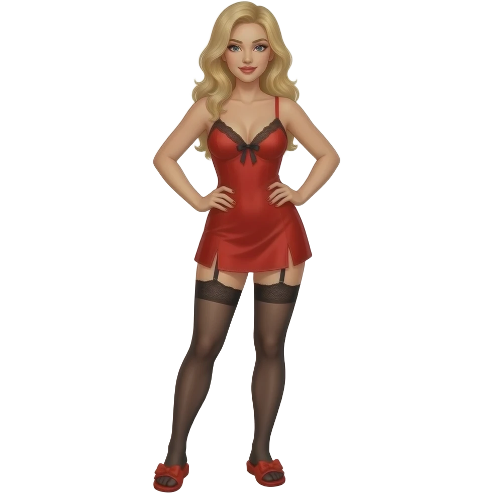 Sexy dominant lady, red nightie, black stockings, red slippers, blonde hair emoji