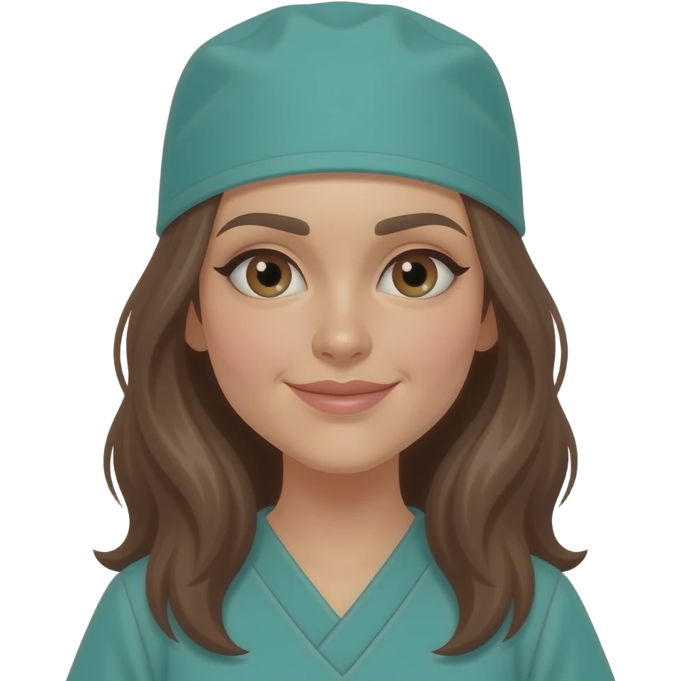 Surgical tech women with brown eyes and brown long hair with a cap on emoji