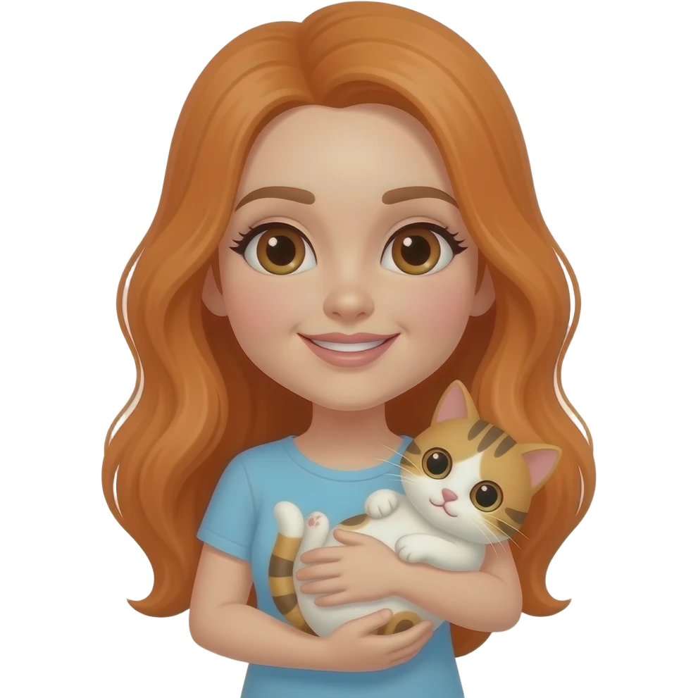Woman with orange hair and brown eyes holding a cat like a newborn baby emoji