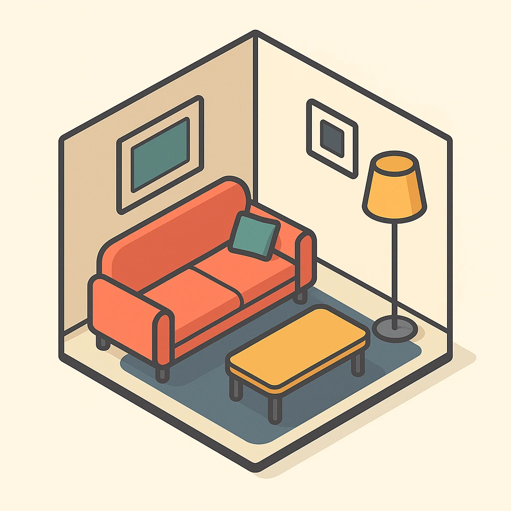 apartment interior isometric, modern style, bright colors, minimal furniture emoji