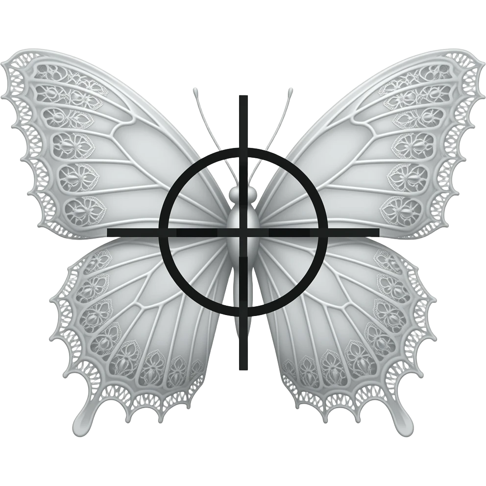 subtle elegant white butterfly, 3D emoji gothic butterfly, white velvet, white filigree, white lace trim, black sniper crosshair overlay emoji