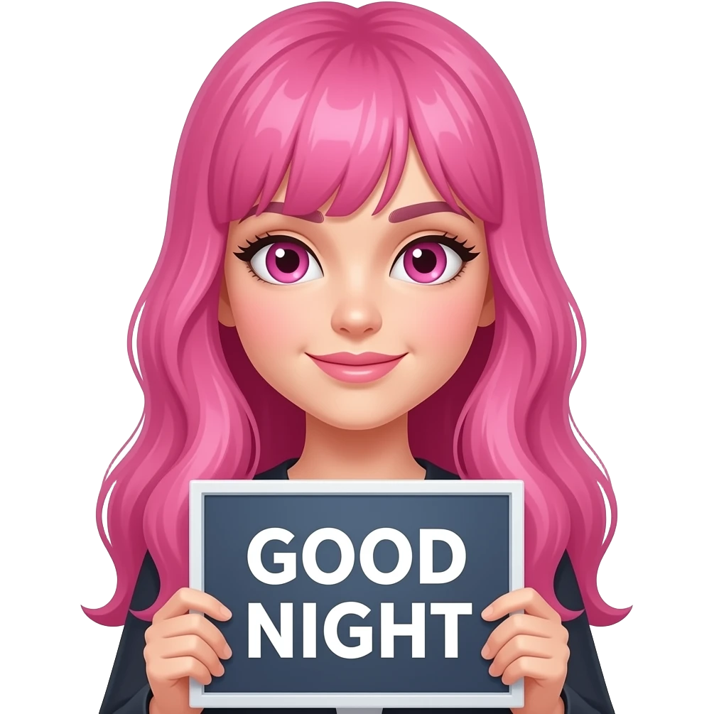 sexy girl with long pink hair and pink eyes holding a GOOD NIGHT sign emoji