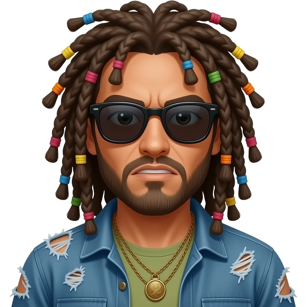 he's a cool pickle hippy from california with wearing sunglasses and the look of a warrior on his face, a bit tattered and with darker dreads excluding colored bands and with nappy dreads emoji