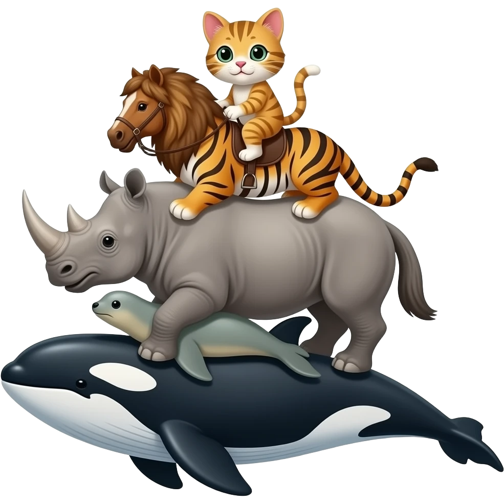 Kitten riding a horse that is riding on a lion that is riding on a tiger that is riding on a rhino that is riding on a horse that is riding on a seal that is riding on an orca that is riding on a sperm whale emoji