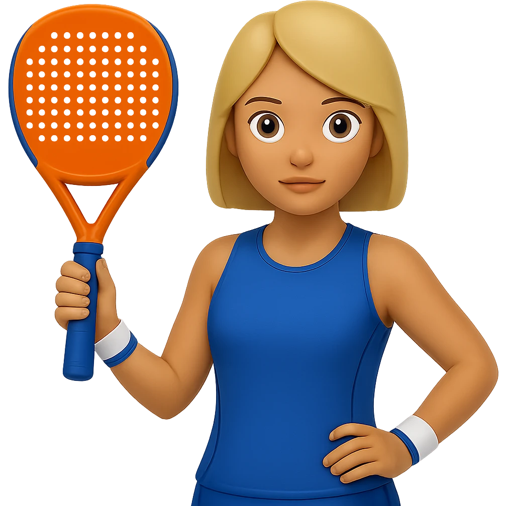 Change the image to depict a woman simply holding a padel racket in a neutral pose with no action, in emoji style, with no background. emoji